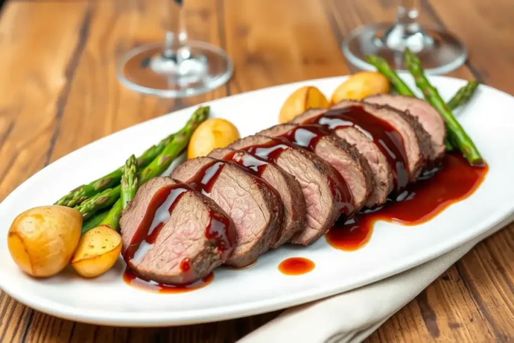 Sliced beef tenderloin medallions with sauce and roasted vegetables.