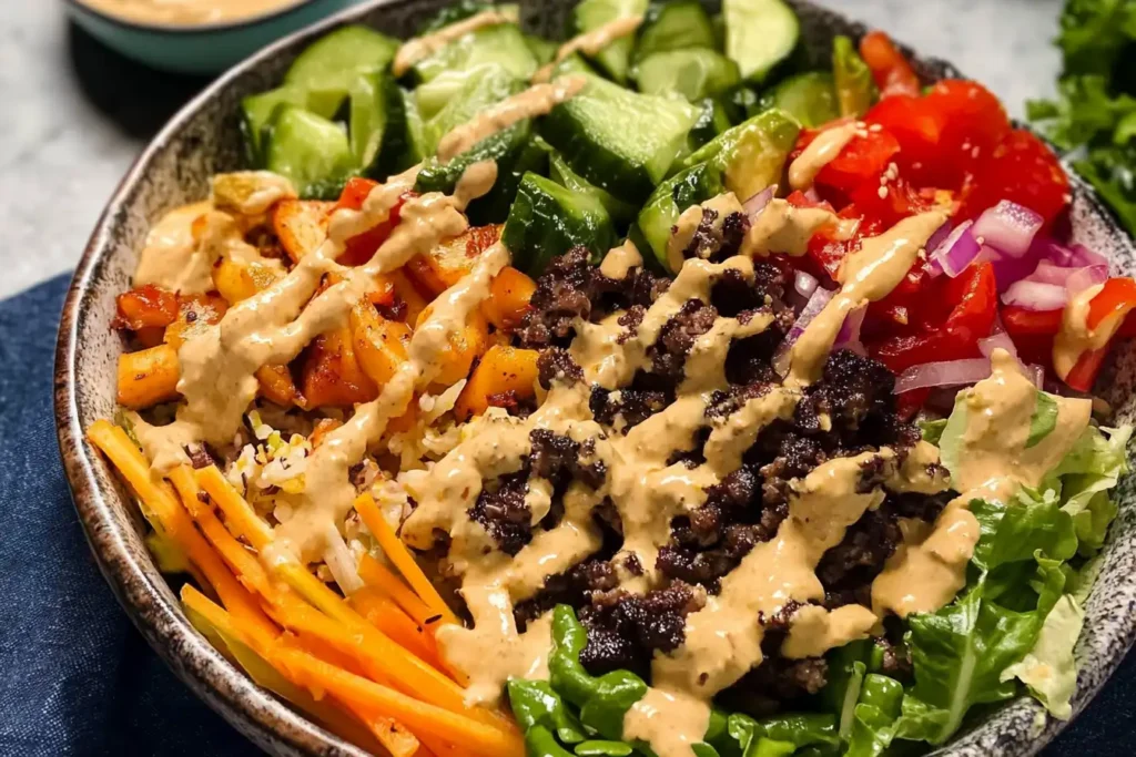 Burger bowl with ground beef, fries, and fresh veggies