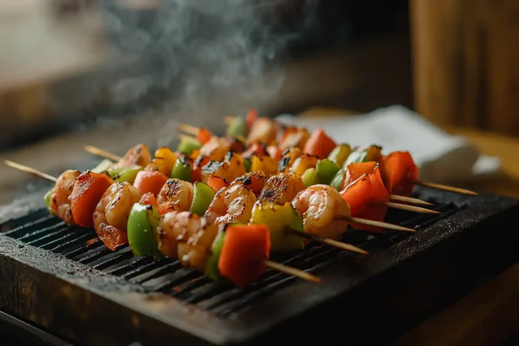 Shrimp skewers ready for grilling