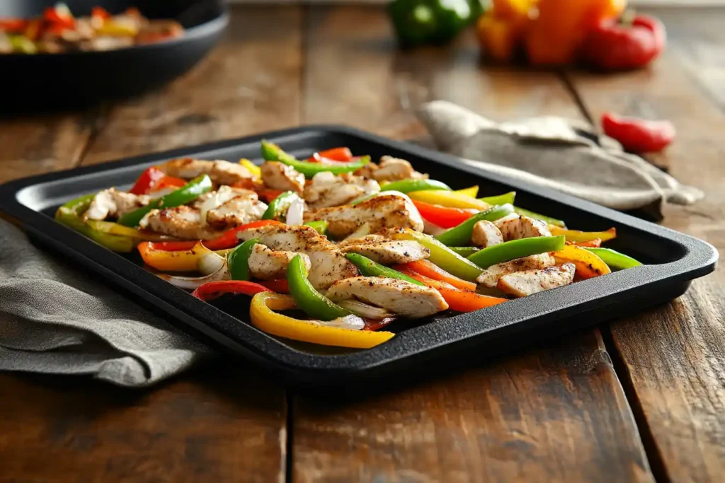 Chicken fajitas sizzling on a griddle