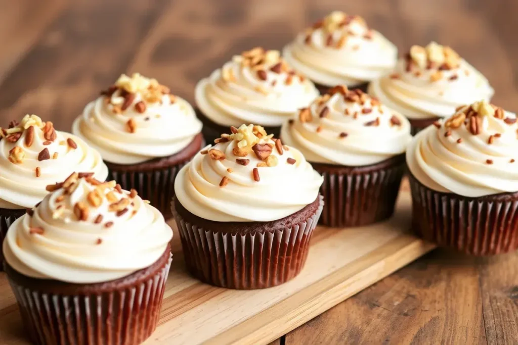 Brownie mix cupcakes with frosting and sprinkles on a rustic table.