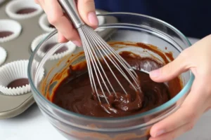  Hands whisking brownie batter in a glass bowl with cupcake liners nearby.