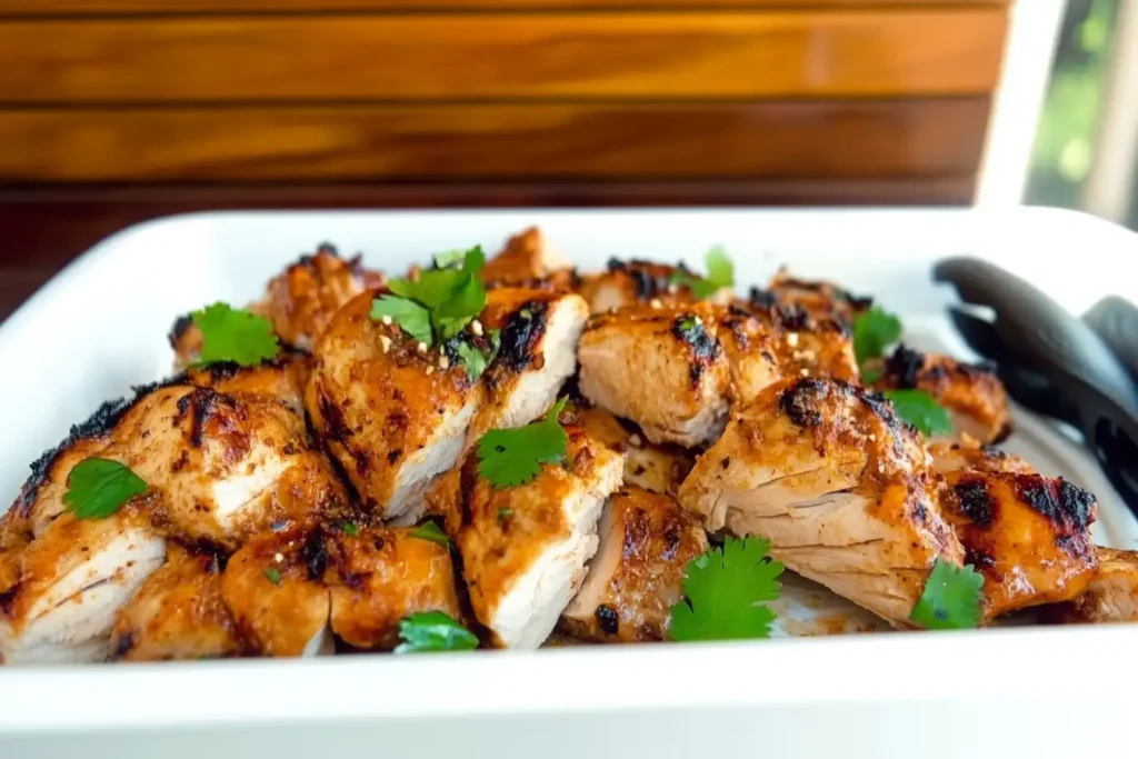 Chopped Pollo Asado pieces on a cutting board with a knife.