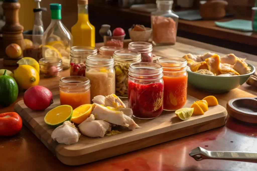 Fresh ingredients for Pollo Asado marinade on a bright kitchen countertop.