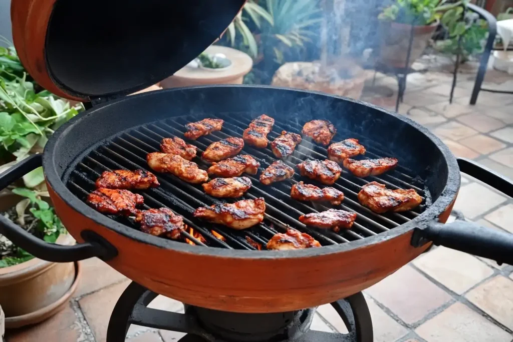 Pollo Asado chicken sizzling on a smoky outdoor grill with char marks and fresh herbs.