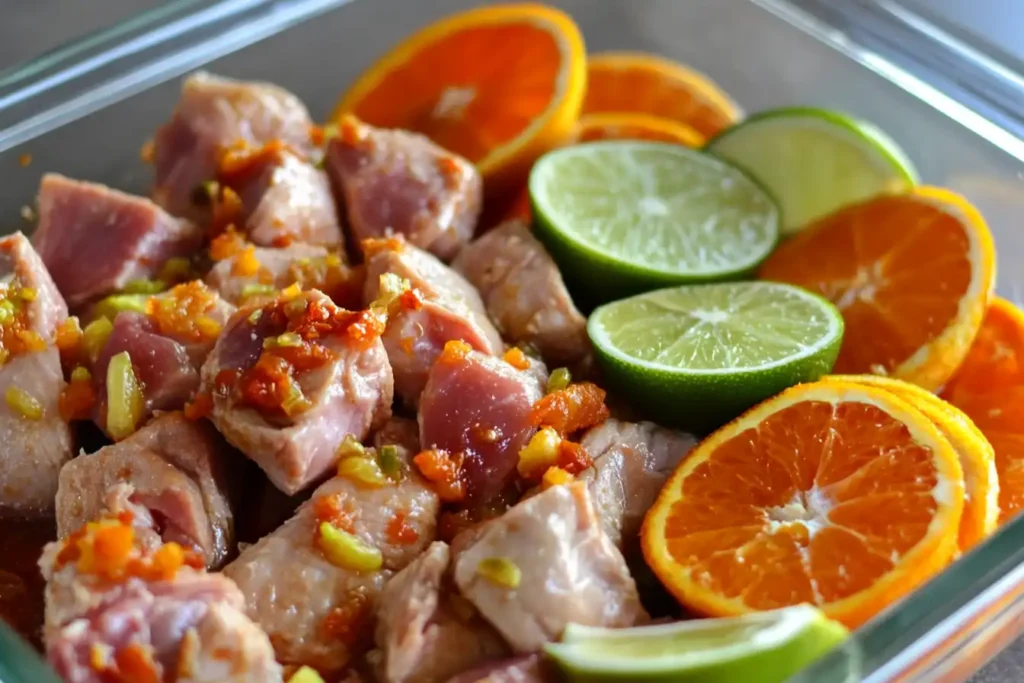 Raw chicken coated with Pollo Asado marinade in a glass dish with citrus slices.