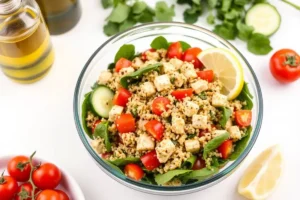 Diced chicken quinoa salad with spinach, cherry tomatoes, cucumber, and lemon wedge in a glass bowl on a white background.