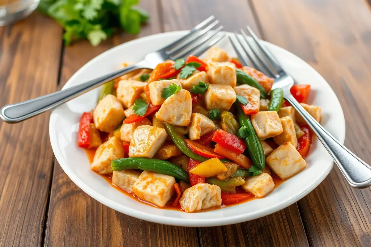 Plated diced chicken stir-fry with vegetables and glossy sauce on a white plate.