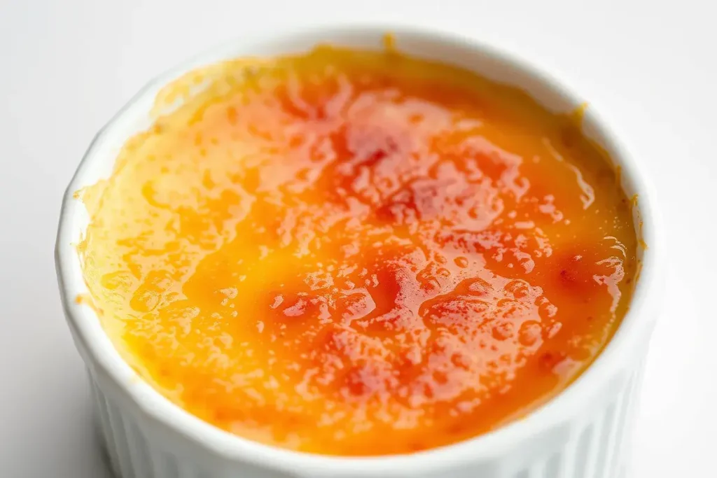 Golden-brown caramelized crème brûlée in a white ramekin.