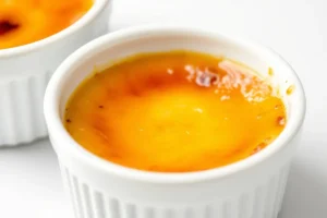 Close-up of a crème brûlée with a golden-brown caramelized sugar crust in a white ramekin.