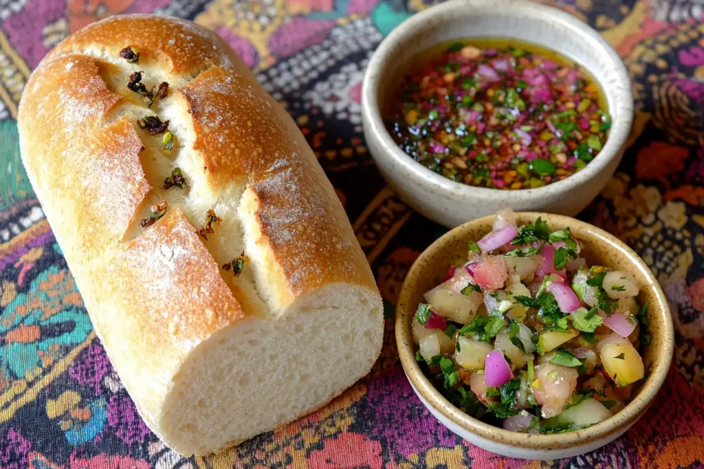 Traditional Egyptian eish fino bread with dips on a colorful tablecloth.