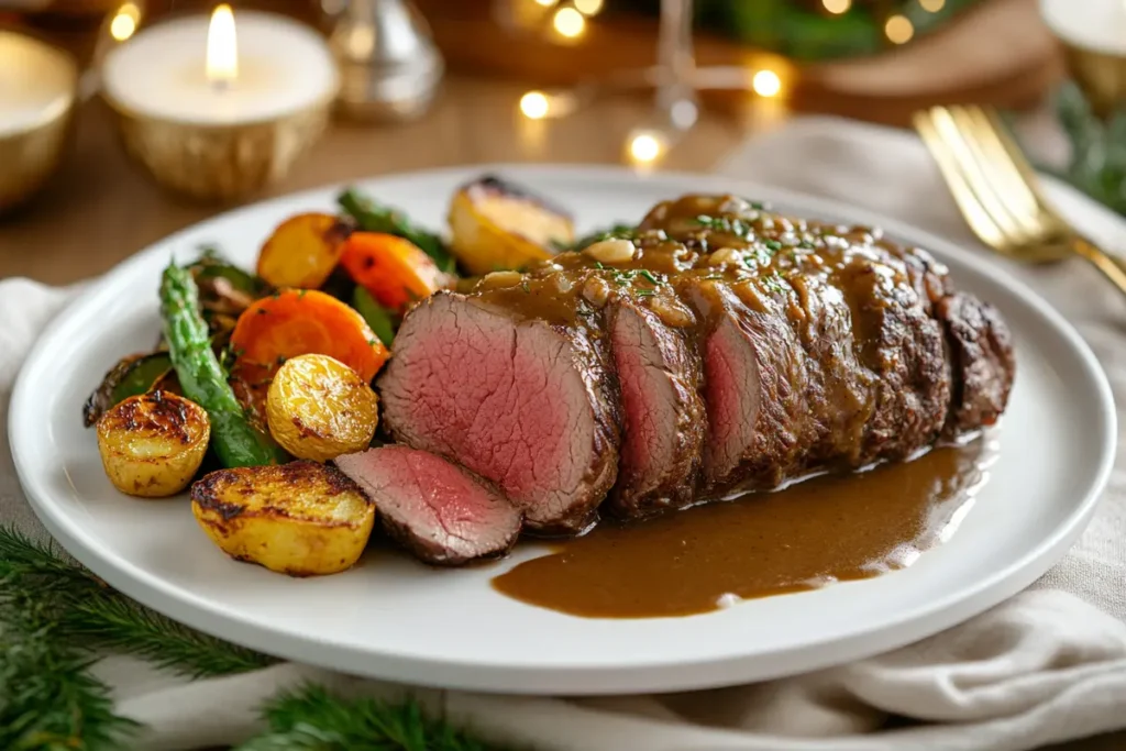 Sliced beef tenderloin with roasted vegetables and gravy on a white plate.