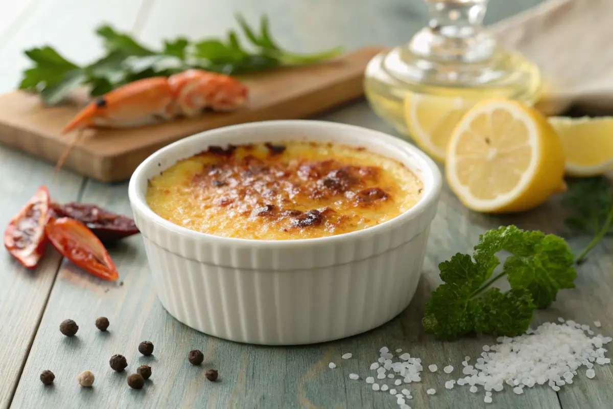 Crab brulee with caramelized crust in a white ramekin.