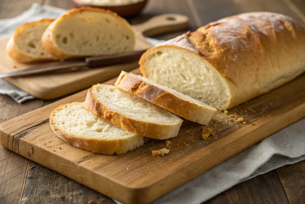 Sliced long bread with a golden crust on a wooden cutting board.