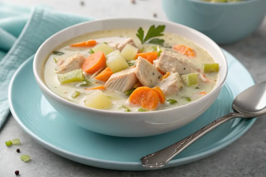 Close-up of creamy turkey soup with vegetables in a white bowl.