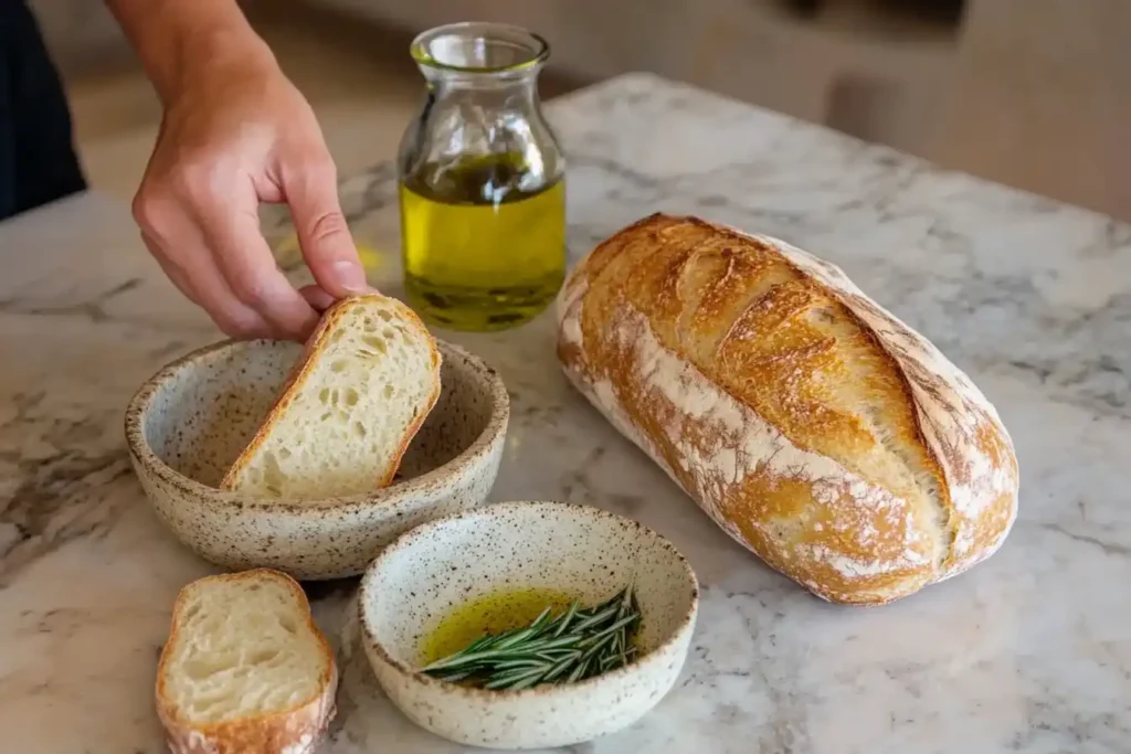 Italian ciabatta loaf with a crispy crust and airy crumb on a marble countertop.