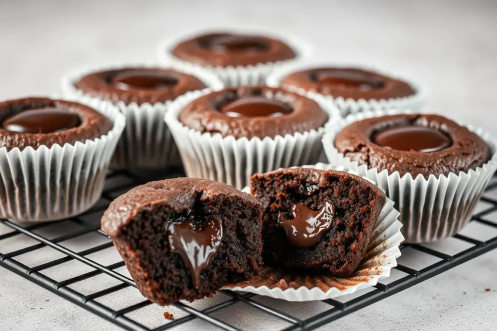 Chocolate brownie cupcakes with melted chocolate centers on a cooling rack.