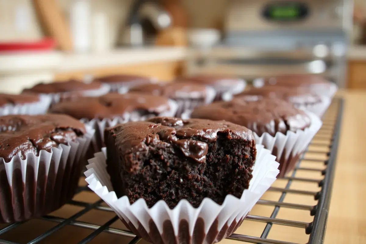 Freshly baked brownies in cupcake liners on a cooling rack.