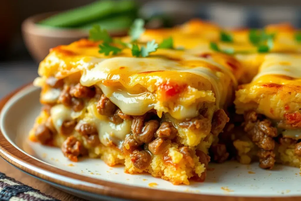 Close-up of sliced cowboy cornbread casserole with beef and cornbread layers.