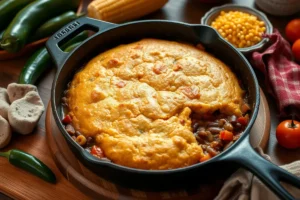 Rustic cast-iron skillet with freshly baked cowboy cornbread and golden-brown topping.