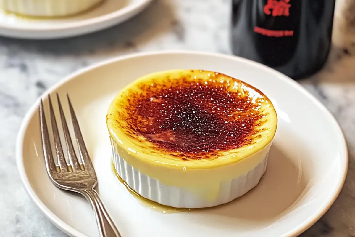 Crème brûlée in glass ramekins with caramelized tops on a marble surface