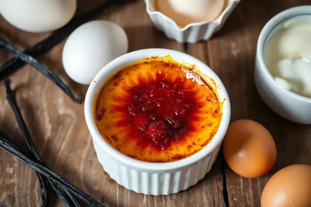 Golden-brown crème brûlée in a white ramekin with caramelized topping, surrounded by vanilla beans, eggs, and cream.