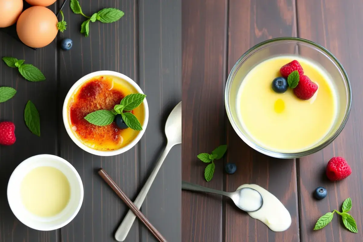 Crème brûlée with caramelized topping and custard garnished with mint and berries, side by side on a dark wooden table.