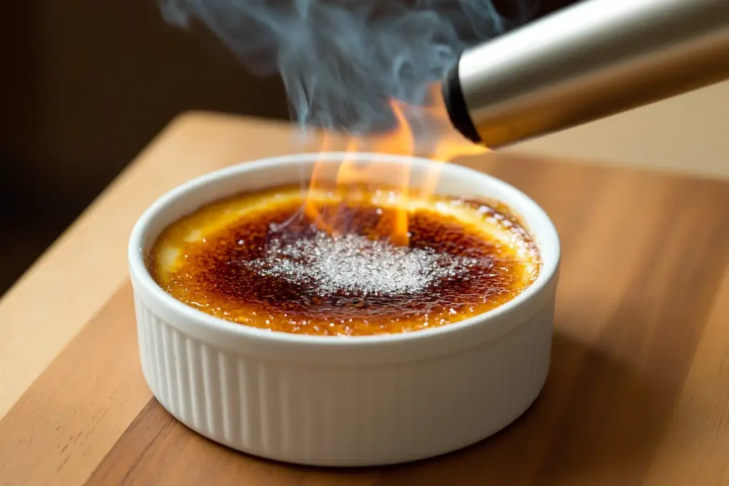 Kitchen torch caramelizing sugar on crème brûlée