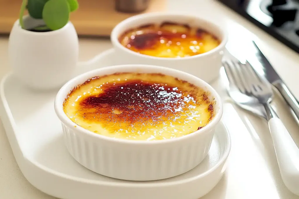 Three crème brûlée dishes with caramelized tops on a white serving tray