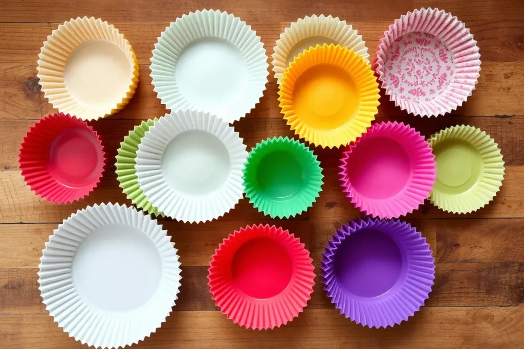  Assorted cupcake liners—paper, foil, silicone, and parchment—on a wooden countertop.