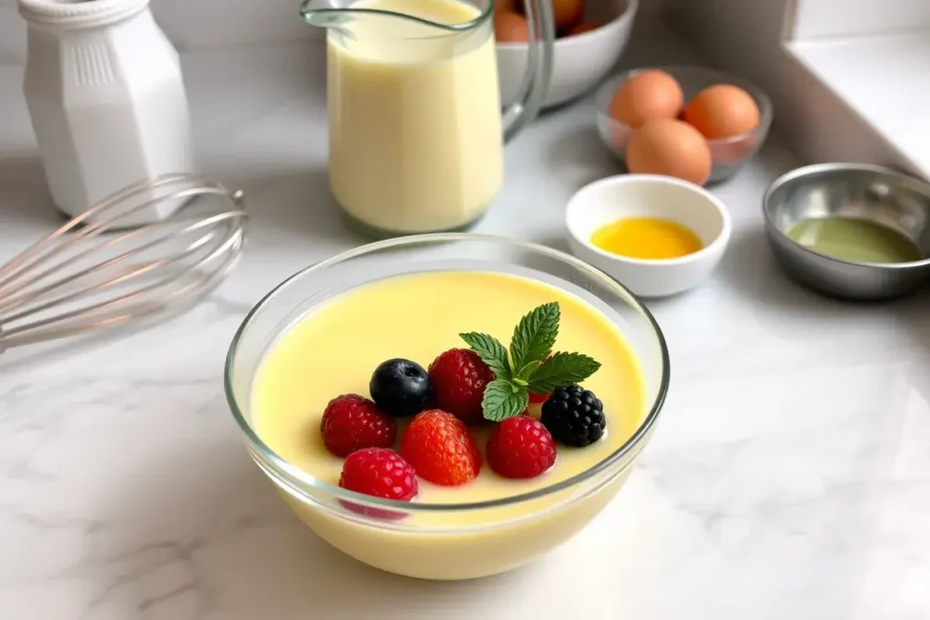 Creamy yellow custard in a glass bowl, garnished with mint and berries, with ingredients and utensils on a marble countertop.