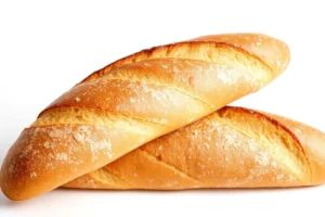 Golden French baguettes with crispy crusts on a white background.