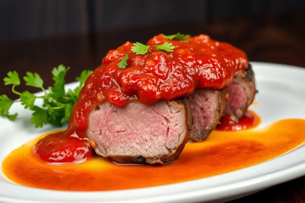 Close-up of sliced beef tenderloin topped with tomato-based sauce and garnished with parsley on a white platter.