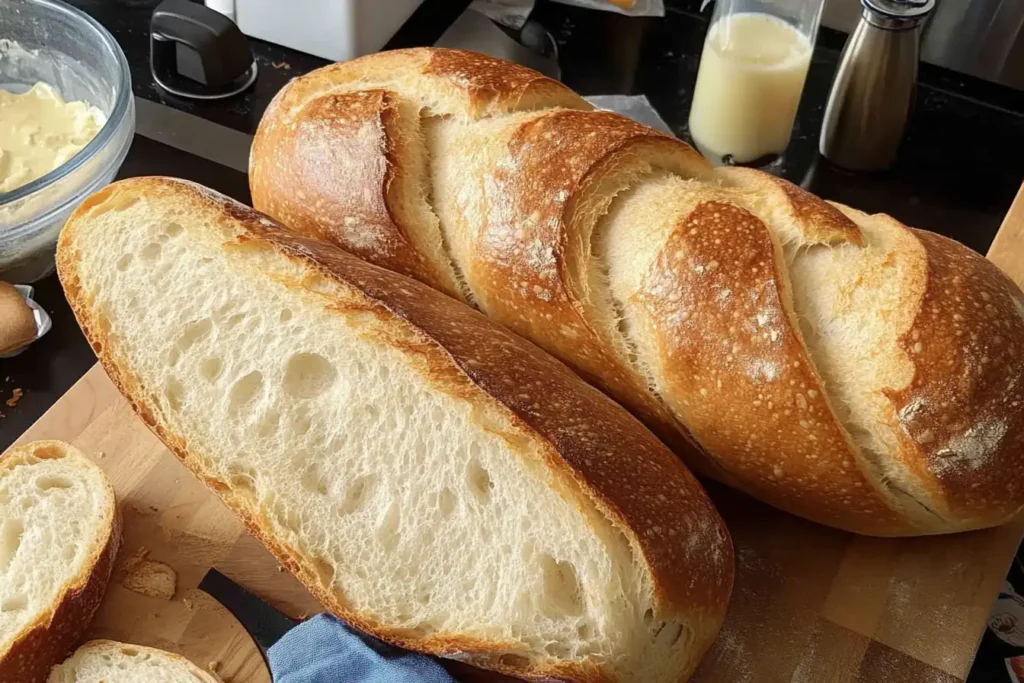 Freshly baked French baguettes with slices on a wooden cutting board.