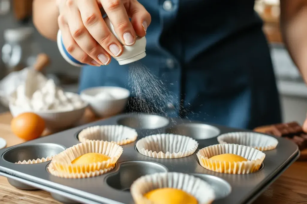  Baker spraying non-stick cooking spray onto cupcake liners in a muffin tin.