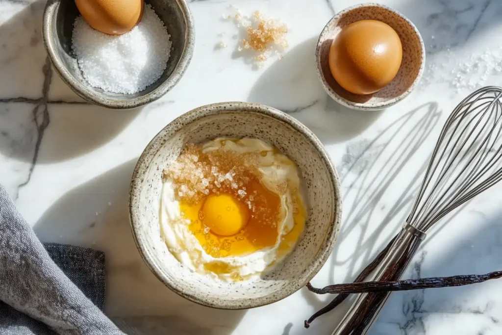 Crème brûlée ingredients on a white kitchen countertop