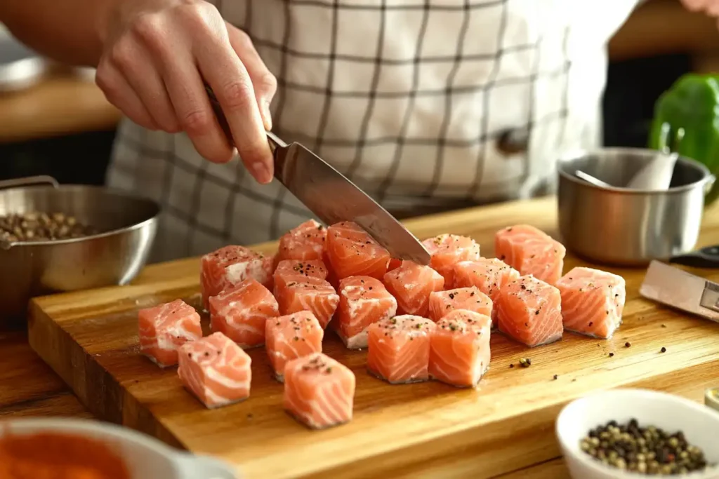 Chef slicing salmon into bite-sized cubes on a wooden cutting board.