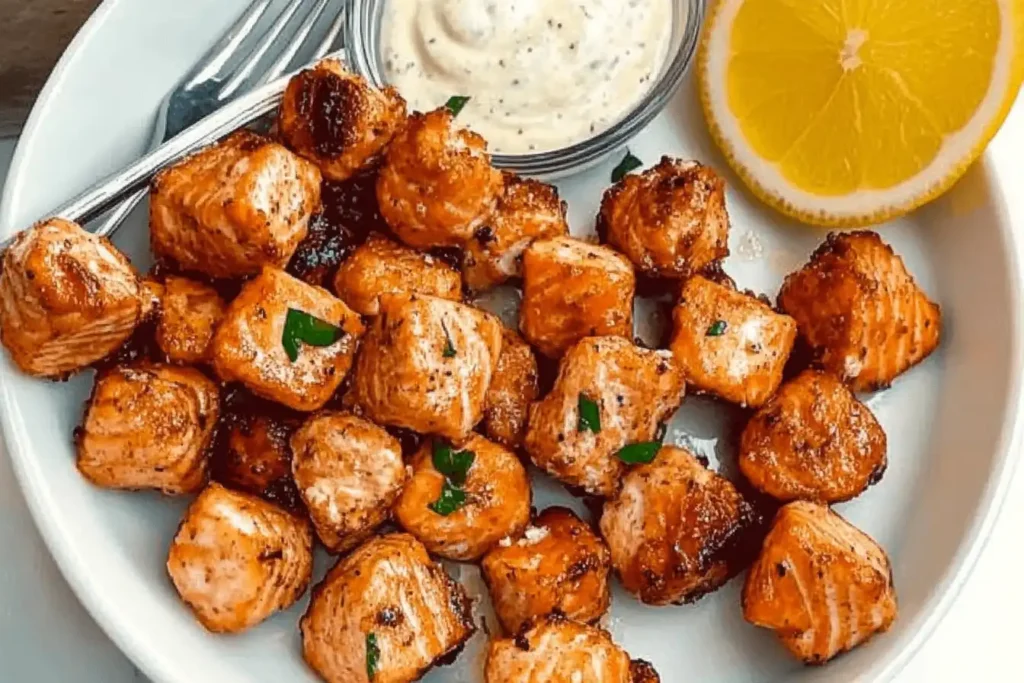 Plate of golden, crispy salmon bites garnished with herbs.