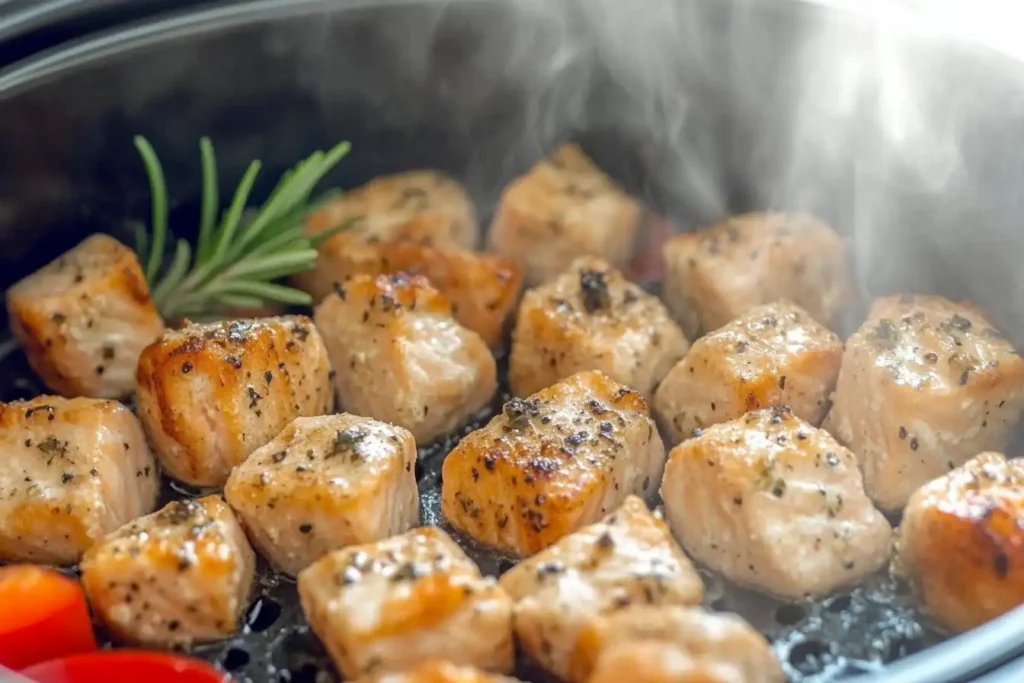 Crispy salmon bites cooking in an air fryer basket.