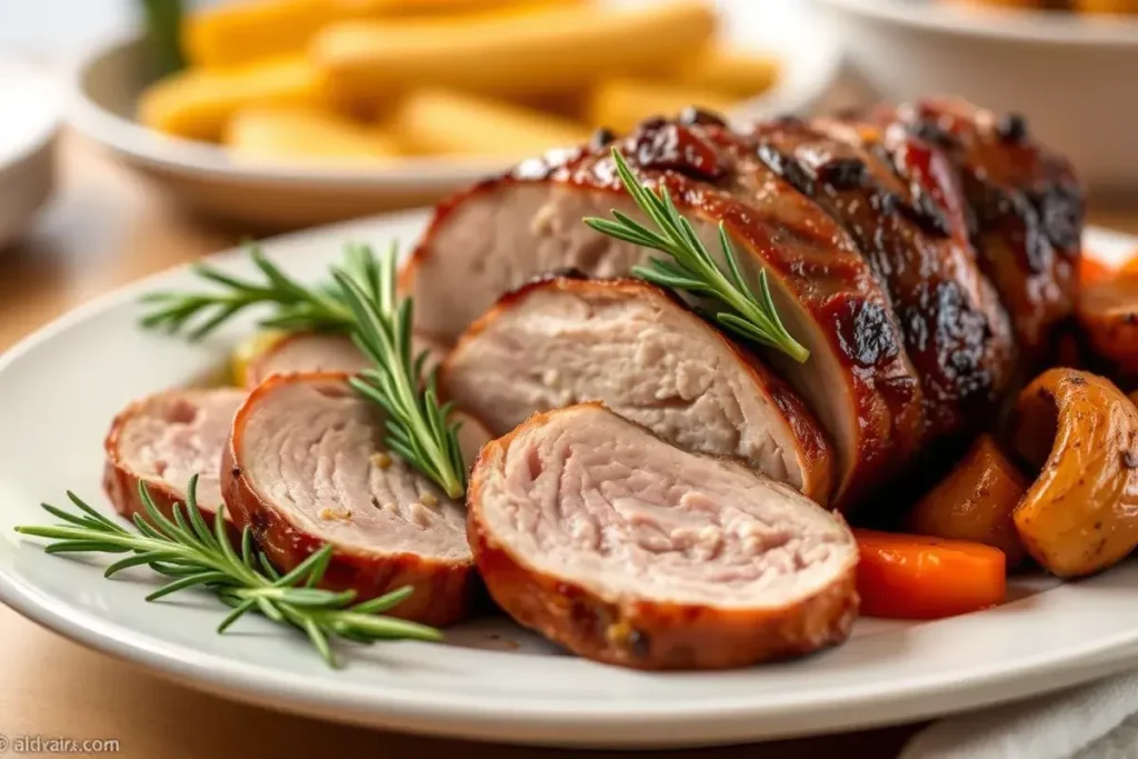 Slow-cooked pork tenderloin sliced with rosemary and roasted vegetables.