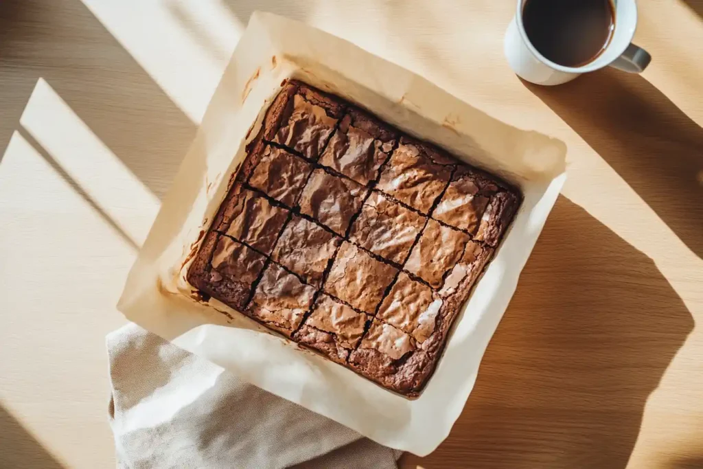 Baked brownies in parchment-lined pan