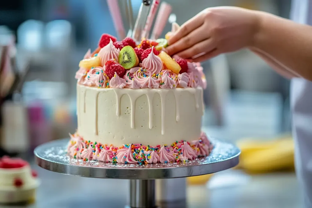 Close-up of a baker decorating a cake with frosting and sprinkles.