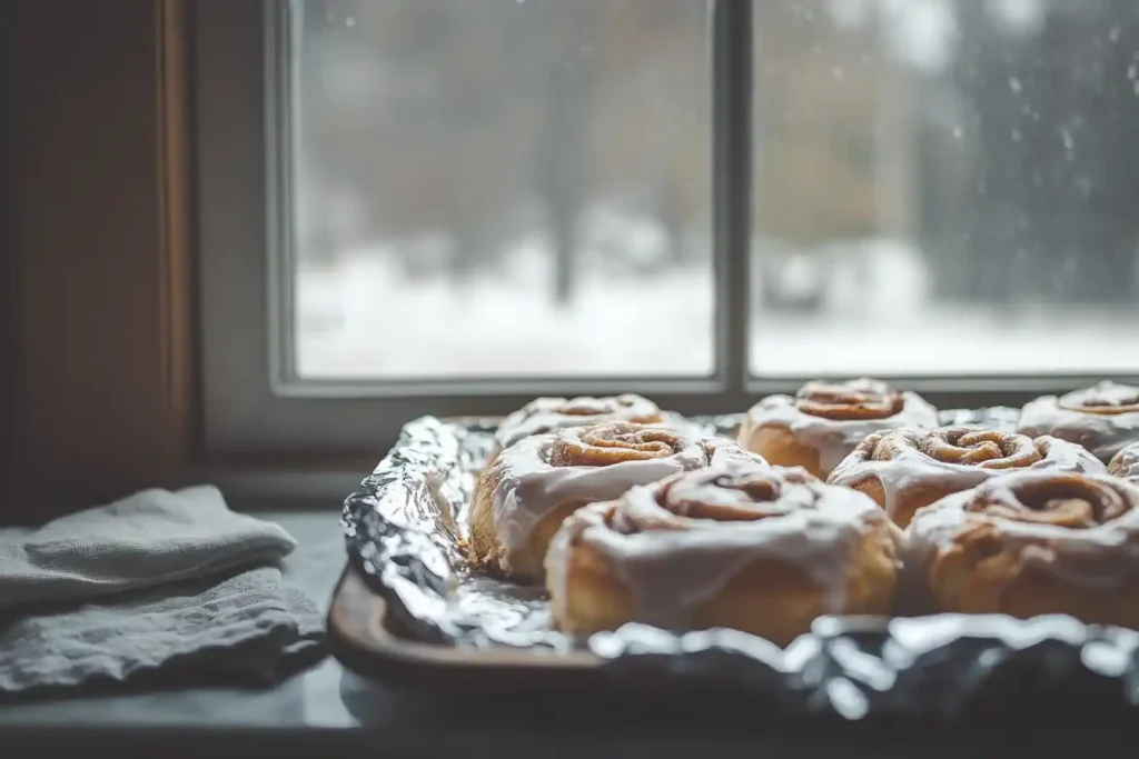 Covering baked cinnamon rolls