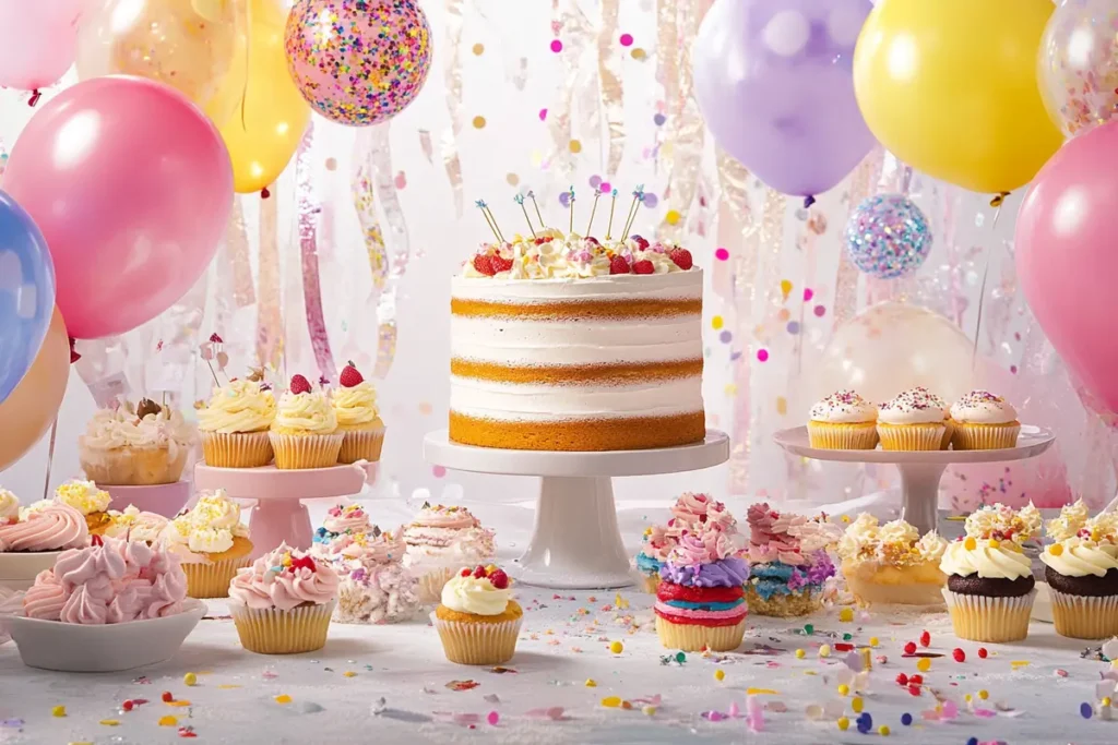 Close-up of a baker decorating a cake with frosting and sprinkles.