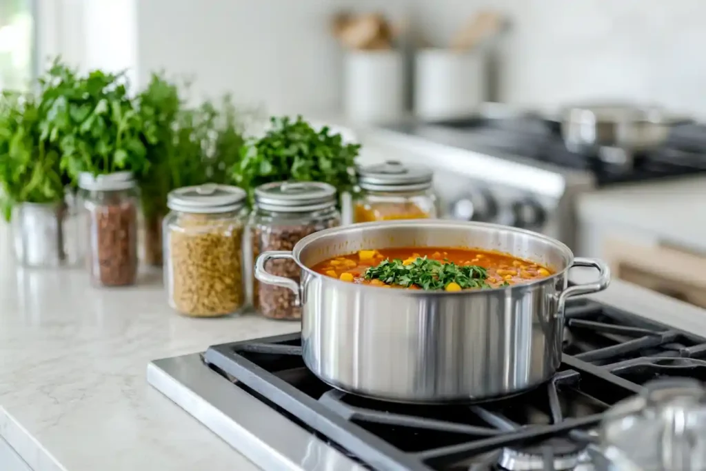 fresh herbs and spices in soup