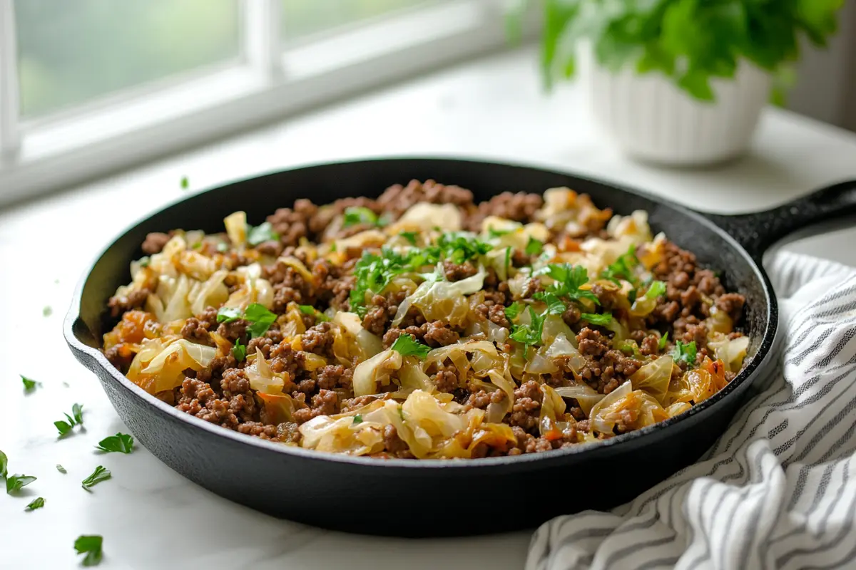 A cast iron skillet filled with cooked ground beef and cabbage topped with fresh parsley.