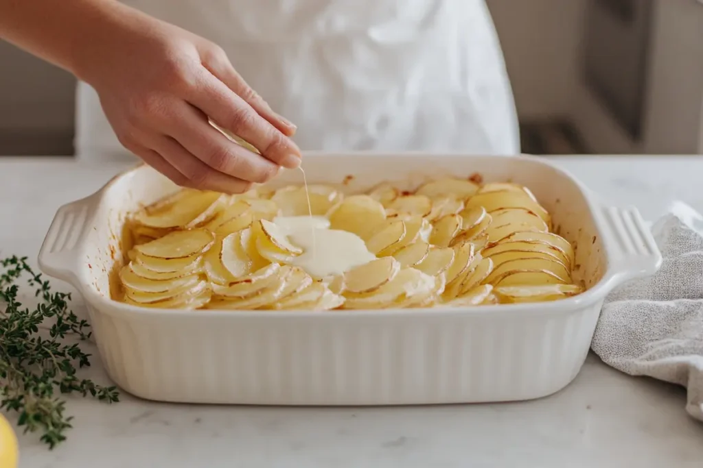 Layering potato pave in a dish