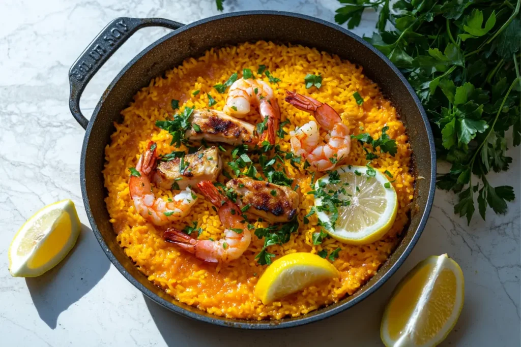 Paella with shrimp and chicken