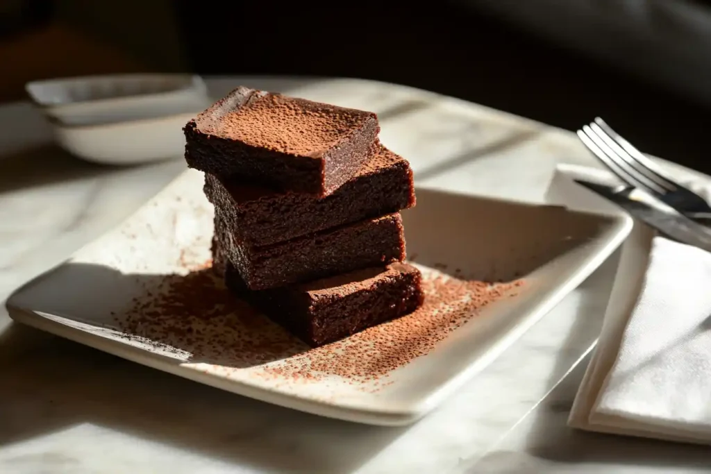 Brownie squares on serving plate