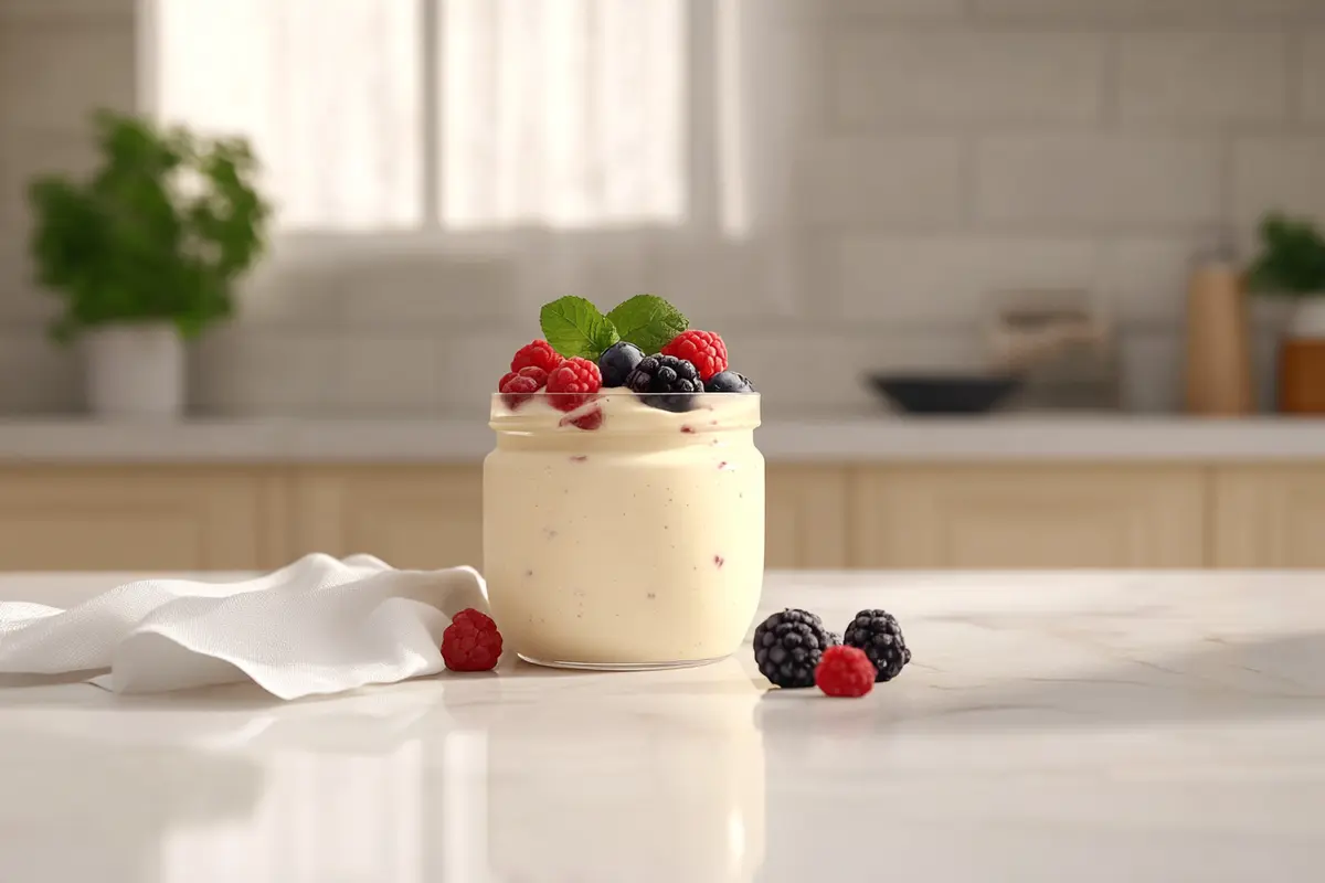 Protein pudding jar with berries and mint on marble